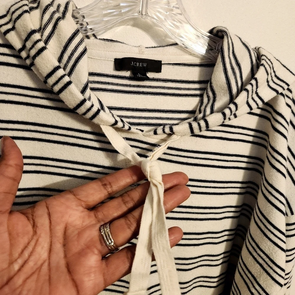 J. Crew | Women's Cream and Black Striped Hoodie Pullover (Size Large)